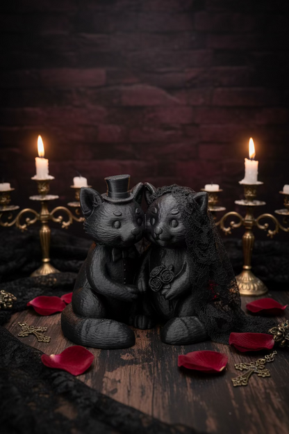 Panda-Dekorationsfigur, dunkles Hochzeitspaar sitzt mit Schleife und rotem Herz-Element