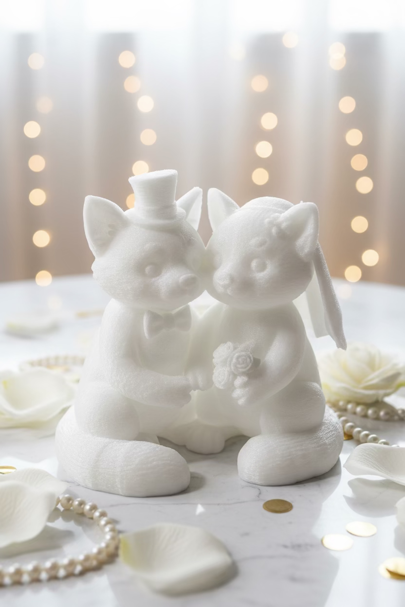 Panda-Dekorationsfigur, weißes Hochzeitspaar sitzt mit Schleife und rotem Herz-Element