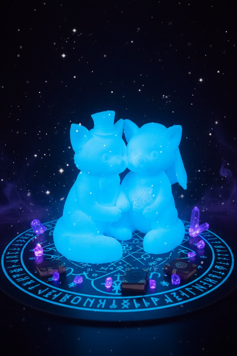 Panda-Dekorationsfigur, blaues Hochzeitspaar sitzt mit Schleife und rotem Herz-Element