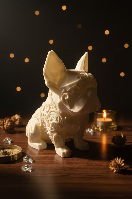 Französische Bulldoggen-Dekofigur, beige gelblich mit reliefartigem Muster