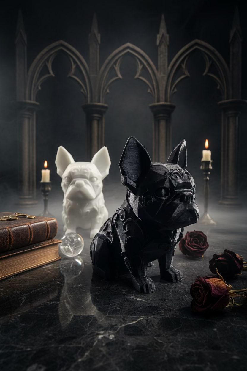Französische Bulldoggen-Dekofigur, schwarze matte Oberfläche mit markantem Relief