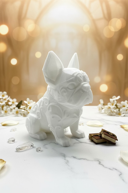 Französische Bulldoggen-Dekofigur, weiße matte Oberfläche mit Details am Gesicht