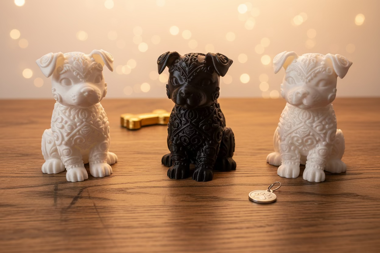 Drei Bullterrier-Ornamente: zwei cremefarbene und ein schwarzes, sitzende Hundefiguren
