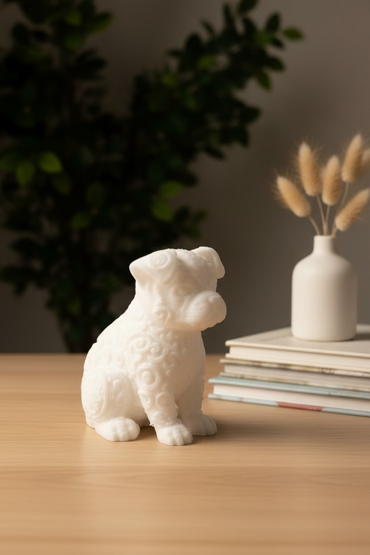 Beiges Bullterrier-Ornament mit detailreicher Reliefoberfläche, sitzende Hundefigur