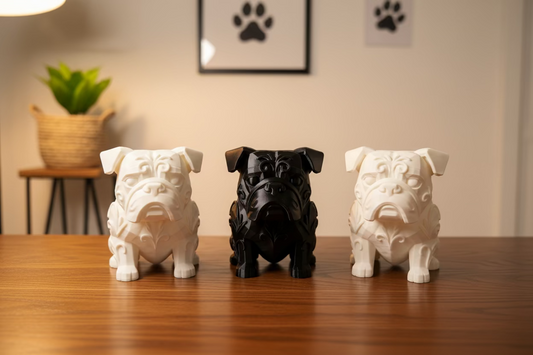 Bulldoggen-Ornament-Set: weißer und schwarzer sitzender Hund auf Holzoberfläche