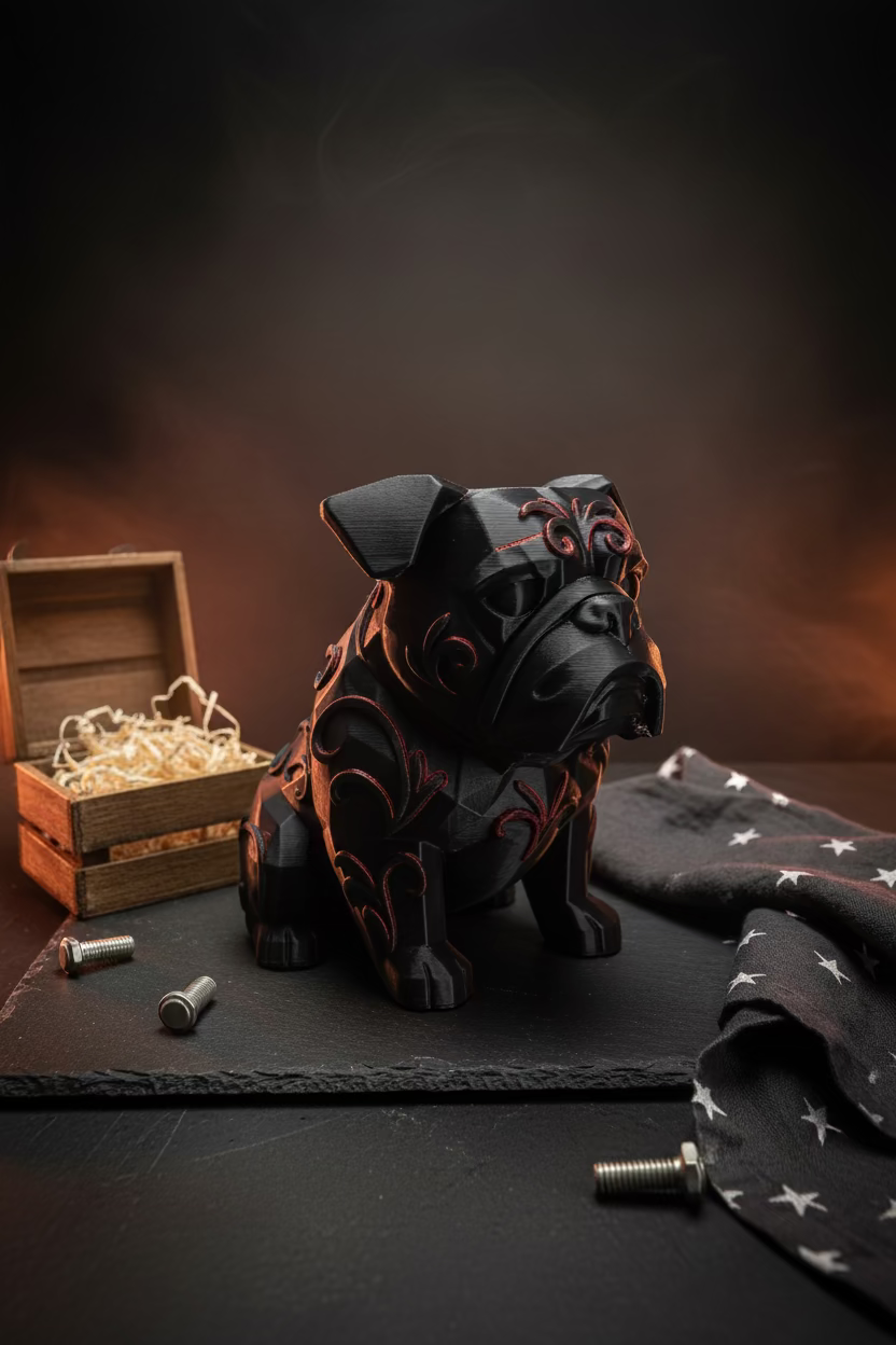 Englischer Bulldoggen-Ornament, schwarzer sitzender Hund mit reliefartigem Muster