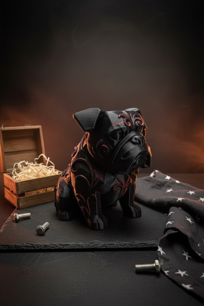 Englischer Bulldoggen-Ornament, schwarzer sitzender Hund mit reliefartigem Muster