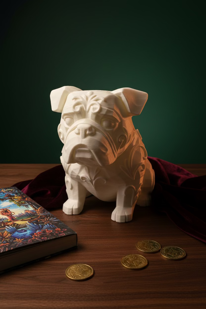Englischer Bulldoggen-Ornament, beiges sitzendes Motiv in seitlicher Ansicht