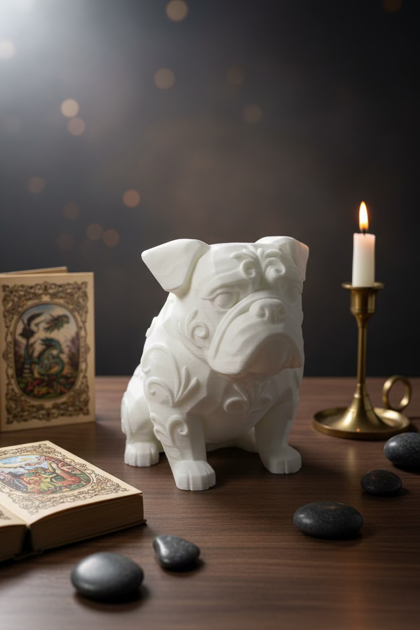 Englischer Bulldoggen-Ornament, beiges sitzendes Motiv mit reliefartigen Verzierungen