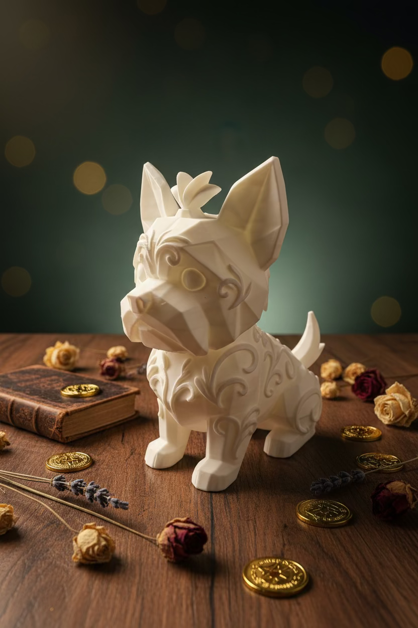 Yorkshire-Terrier-Ornament, beige durchscheinende Dekofigur mit hochstehender Rute