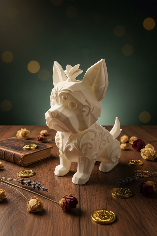 Yorkshire-Terrier-Ornament, beige durchscheinende Dekofigur mit hochstehender Rute