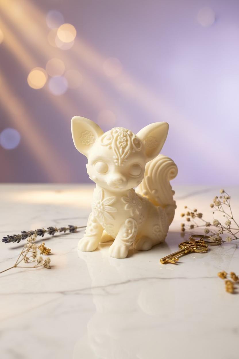 Cremefarbenes Chihuahua-Ornament/Schlüsselanhänger, kniende Hunderfigur mit Blumenrelief