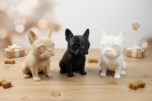 Boston-Terrier-Figuren-Set: beige, schwarz und weiß, sitzende Tiere nebeneinander