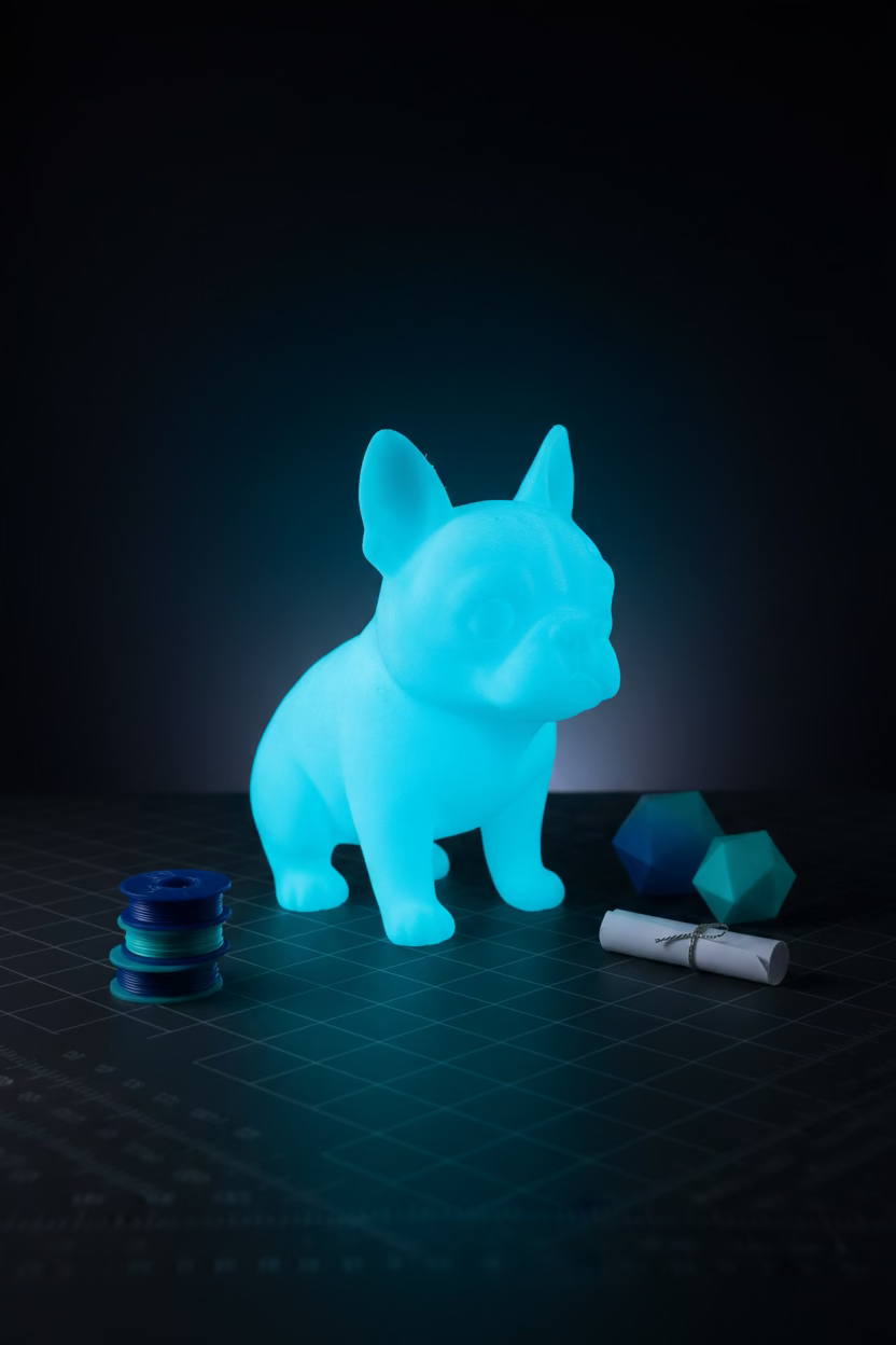 Boston-Terrier-Figur blau, sitzend, Kopf nach vorn