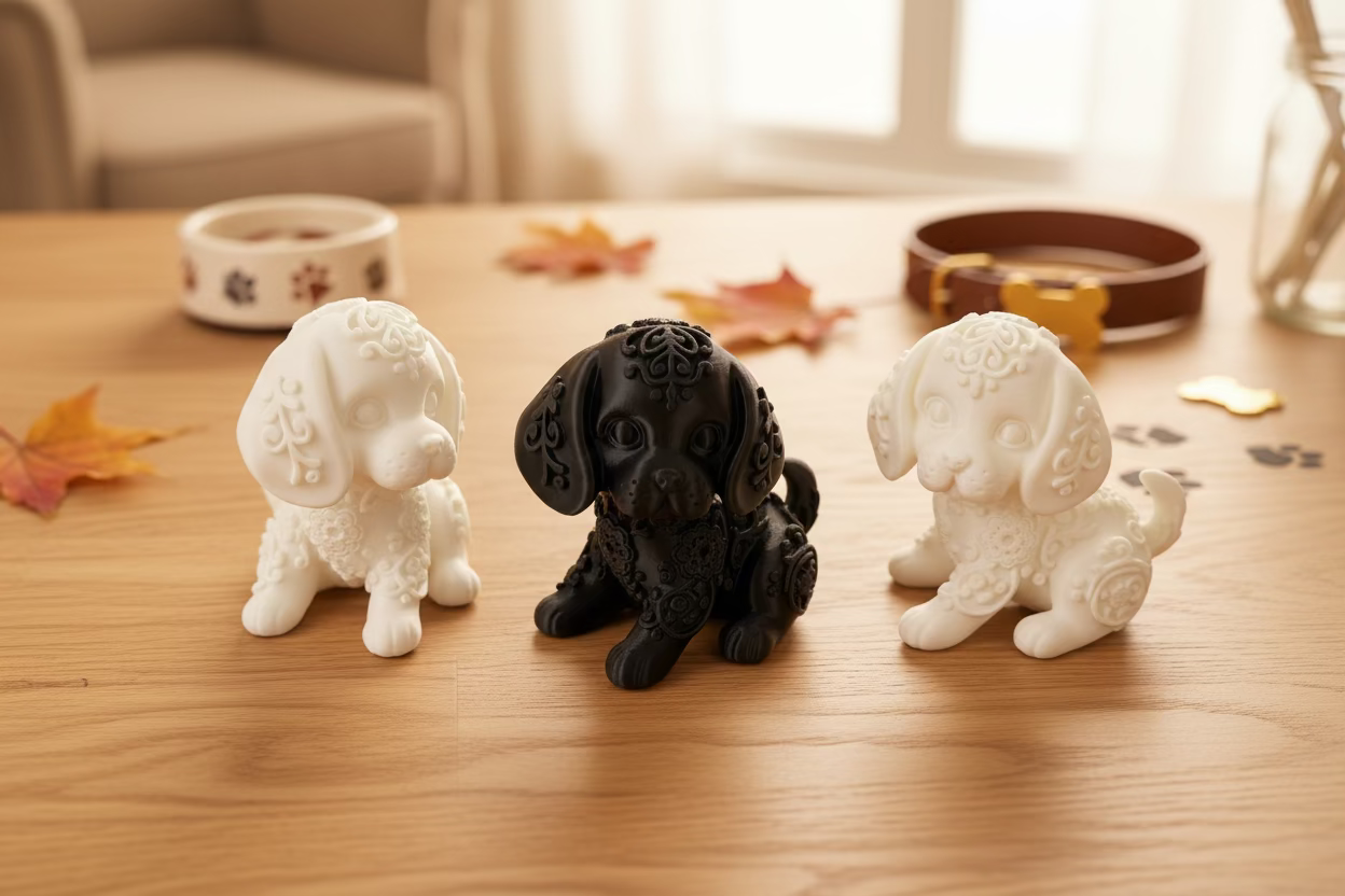 Beagle-Ornamente: zwei helle und eine schwarze Figurengruppe auf Holz