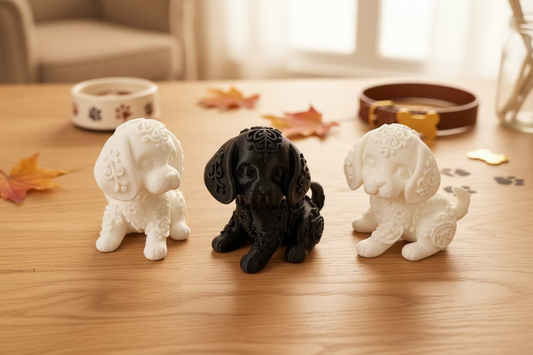 Beagle-Ornamente: zwei helle und eine schwarze Figurengruppe auf Holz