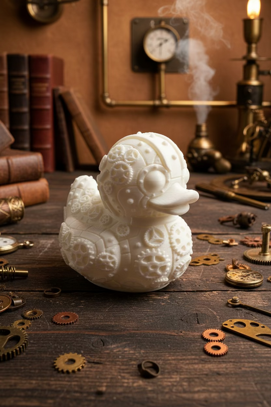 Steampunk-Ente-Deko in Creme/hellgelb mit geprägten Zahnrädern und Augen-Relief