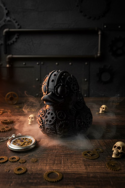 Steampunk-Ente-Deko in Schwarz mit dekorativen Zahnrädern und reliefiertem Körper
