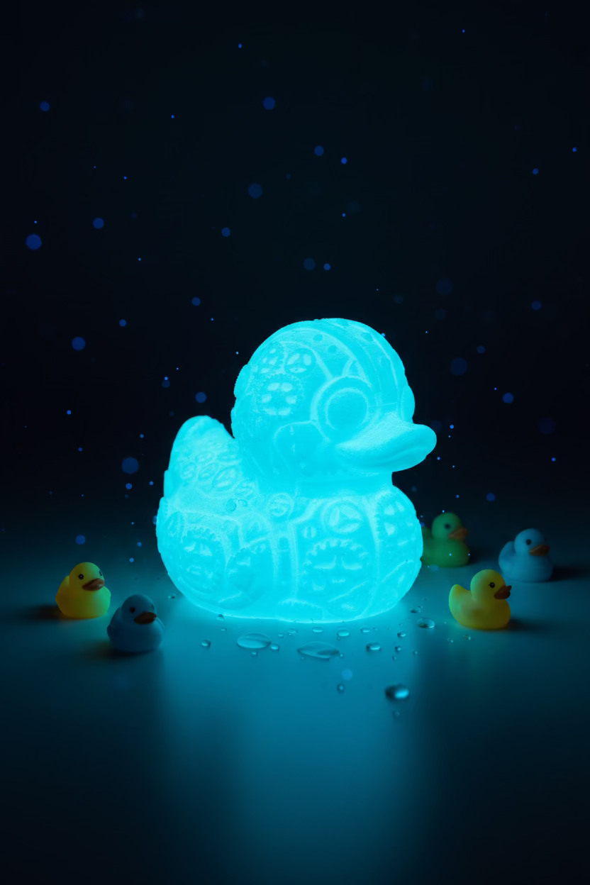 Steampunk-Ente als Deko-Figur in leuchtendem Blau mit detailreicher Mechanik