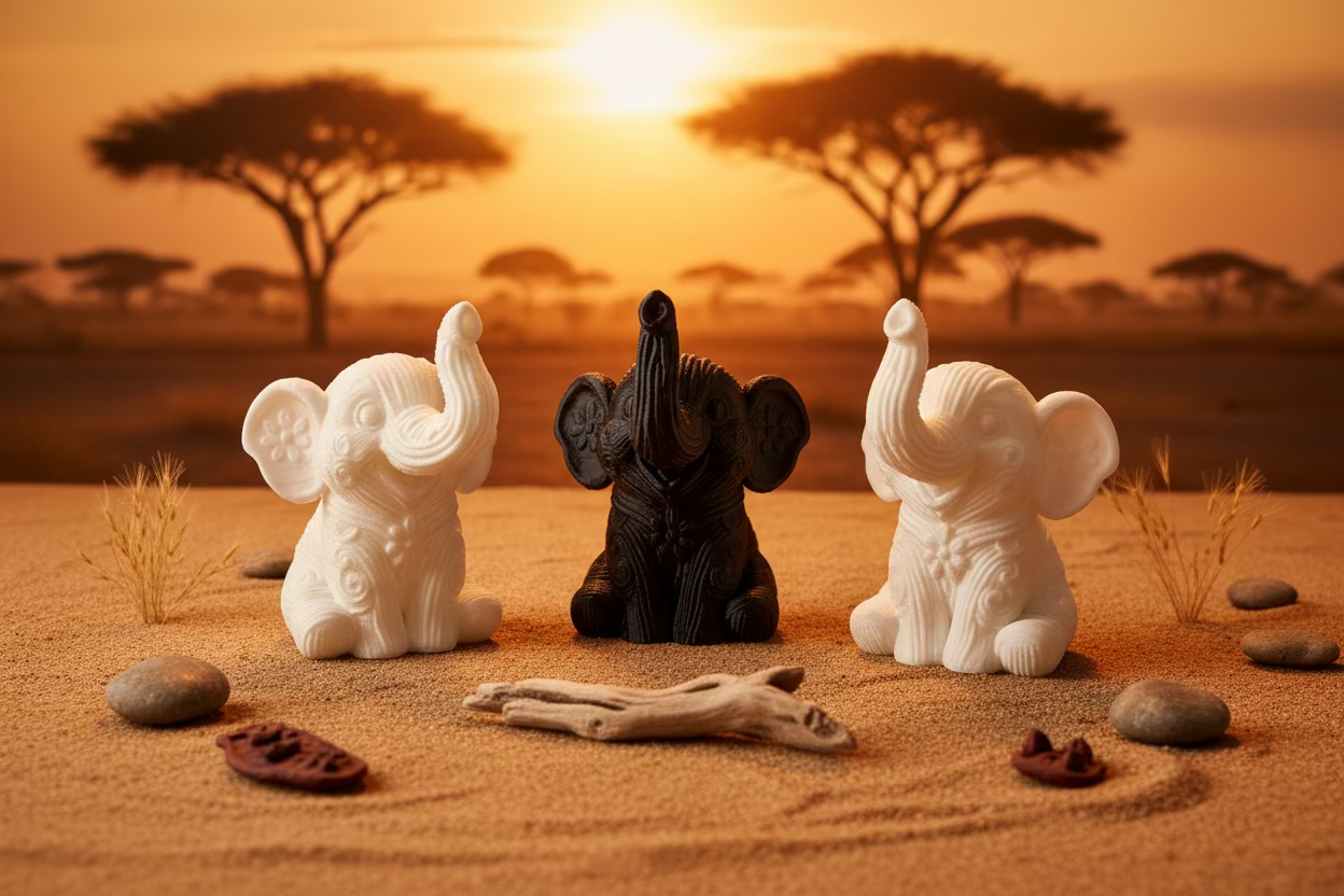 Drei gestrickte Elefanten-Ornamente: zwei weiß und ein schwarzer Elefant in Reihe
