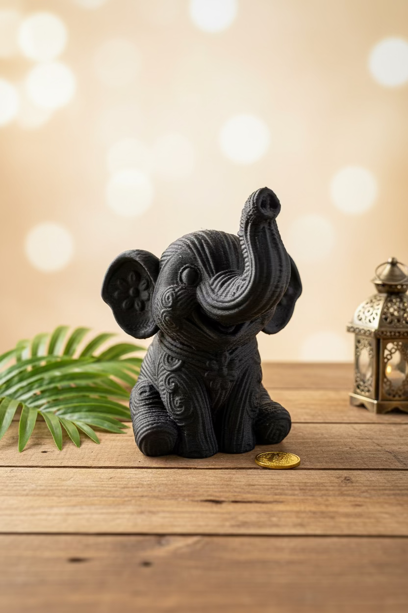 Gestricktes Elefanten-Ornament schwarz, geduckte Form mit hochgezogenem Rüssel