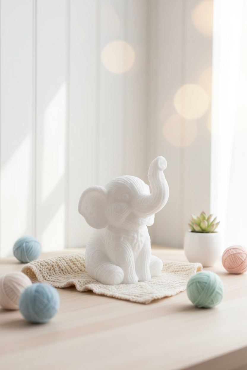 Gestricktes Elefanten-Ornament hellbeige, sitzend mit hochgestelltem Rüssel