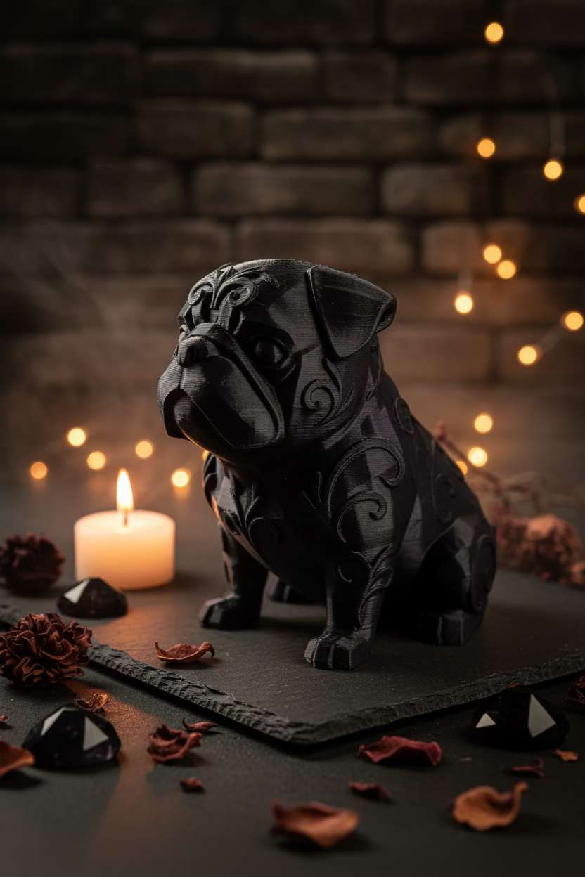Dekofigur Pug, schwarze Mops-Figur mit reliefartigem Gesicht und gekrümmtem Schwanz
