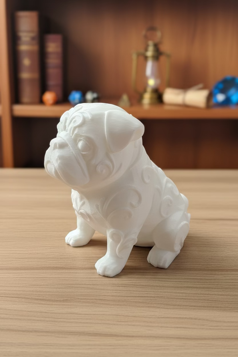 Dekofigur Pug, weiße Mops-Figur mit reliefierten Augen, Nase und Pfoten