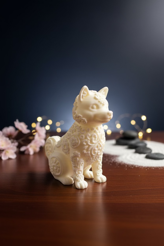Shiba-Inu Dekofigur, cremeweiß, stehende Pose mit erhabenen Verzierungen am Körper