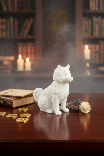 Shiba-Inu Dekofigur, cremeweiß, seitliche Ansicht mit Ornamentmuster und erhobener Schnauze