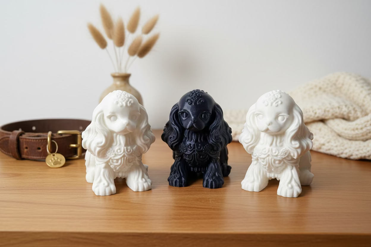 Drei Cavalier-King-Charles-Ornamentfiguren in Weiß und Schwarz, sitzend