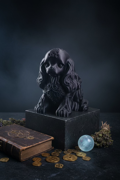 Schwarzes Cavalier-King-Charles-Ornament: sitzende Hundefigur mit Detailverzierungen