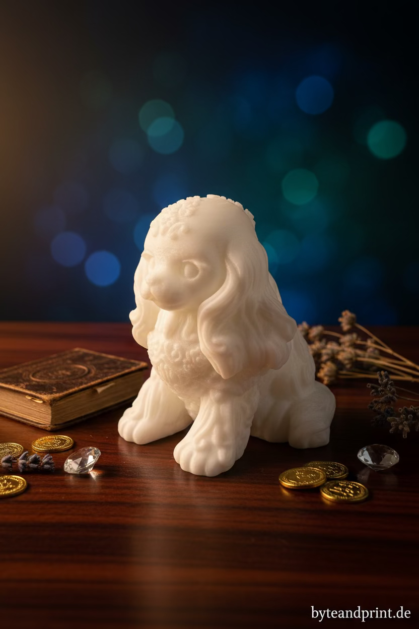 Weißes Cavalier-King-Charles-Ornament: sitzende Hundefigur von vorn