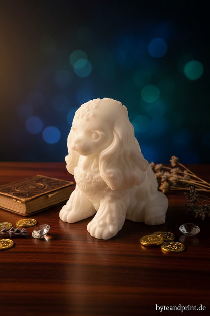 Weißes Cavalier-King-Charles-Ornament: sitzende Hundefigur von vorn