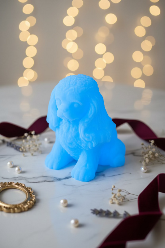 Blaues Cavalier-King-Charles-Ornament: sitzende Hundefigur mit langen Ohren