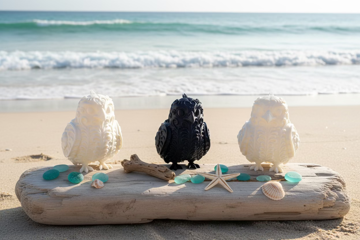 Dekoratives Fischadler-Ornament-Set auf Holzbrett mit Muscheln und Seestern