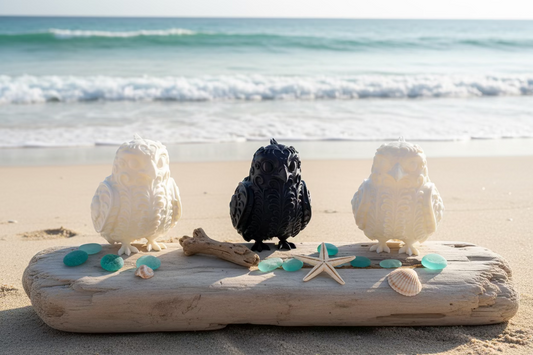 Dekoratives Fischadler-Ornament-Set auf Holzbrett mit Muscheln und Seestern
