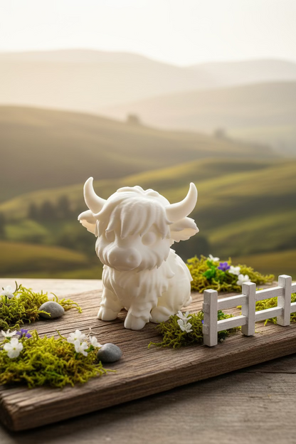 Highland-Kuh-Figurine, cremeweiß, seitliche Ansicht mit Hörnern und detaillierter Textur