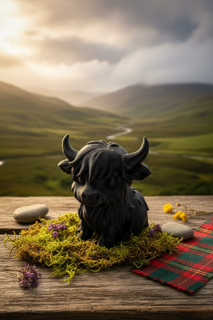 Highland-Kuh-Figurine, schwarz, dreiviertel Ansicht mit großen Hörnern und geprägtem Fell