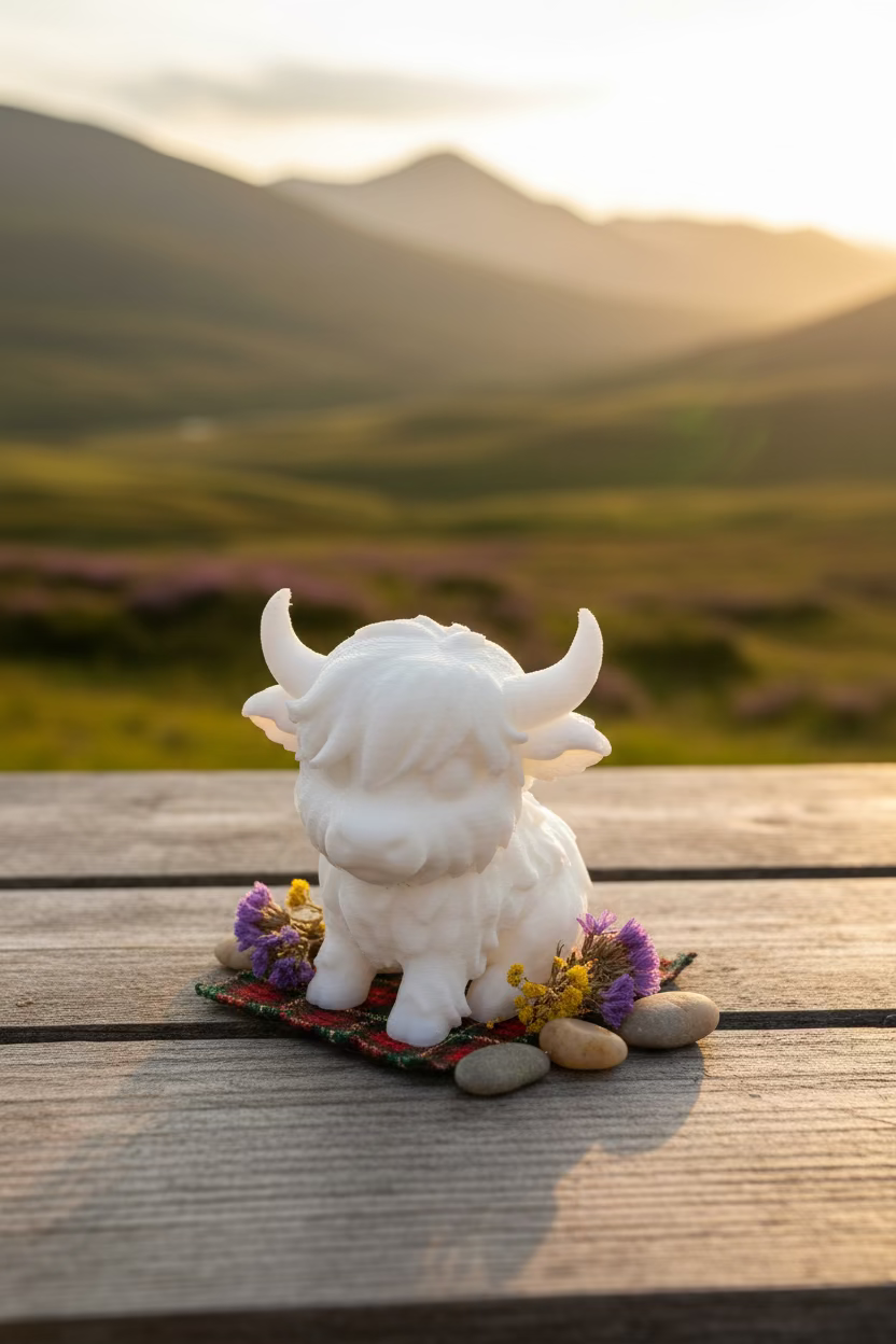 Highland-Kuh-Figurine, weiß, nahansicht seitlich mit Hörnern und ausgeprägten Fellfalten