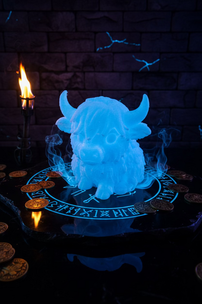 Highland-Kuh-Figurine, blau, detailreiche Miniatur mit Hörnern und kurzem Fell