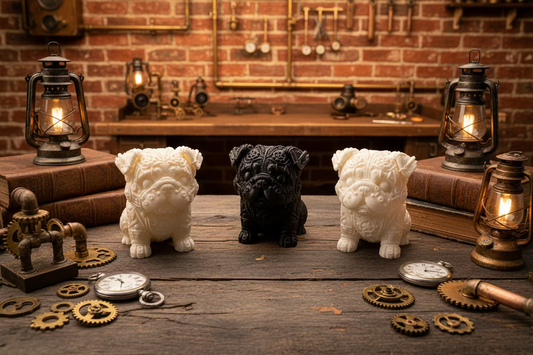 Steampunk-Bulldoggenfiguren, beige, schwarz und weiß, nebeneinander auf Holzfläche.