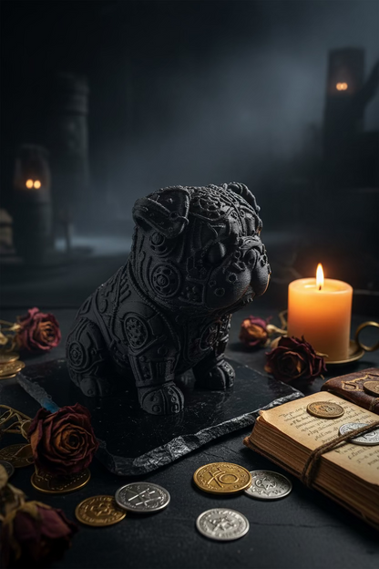 Steampunk-Bulldoggenfigur in Schwarz, filigrane Reliefdetails, sitzende Pose.