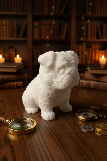 Steampunk-Bulldoggenfigur in Weiß, geprägte Ornamente, seitliche Perspektive.