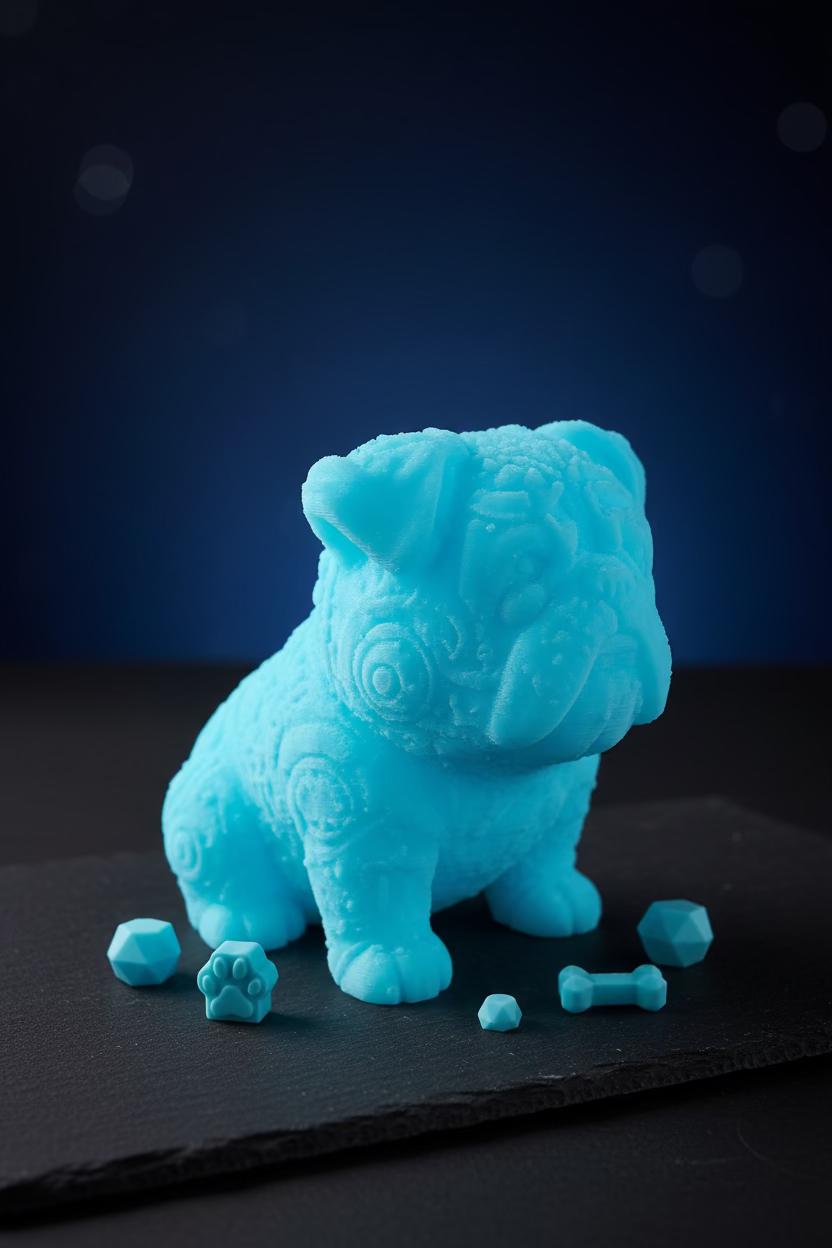 Steampunk-Bulldoggenfigur in Blau, detaillierte Reliefoberfläche, seitlicher Stand.