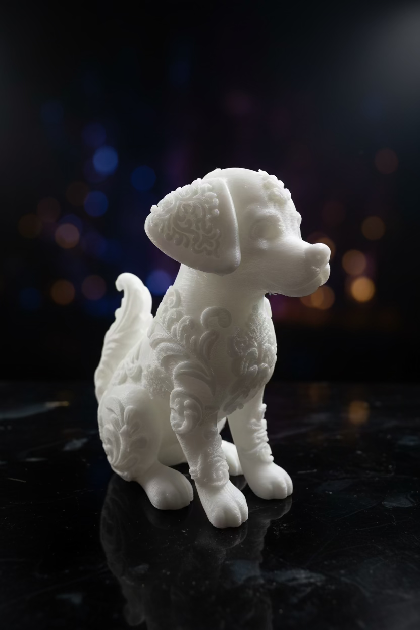 Hellbeiges Dalmatiner-Ornament als Hunde-Figur, reliefiertes Fellmuster, geneigter Blick