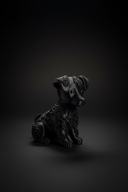 Jack-Russell-Ornament in Schwarz, sitzender Hund mit feinem Relief und gebogenen Ohren