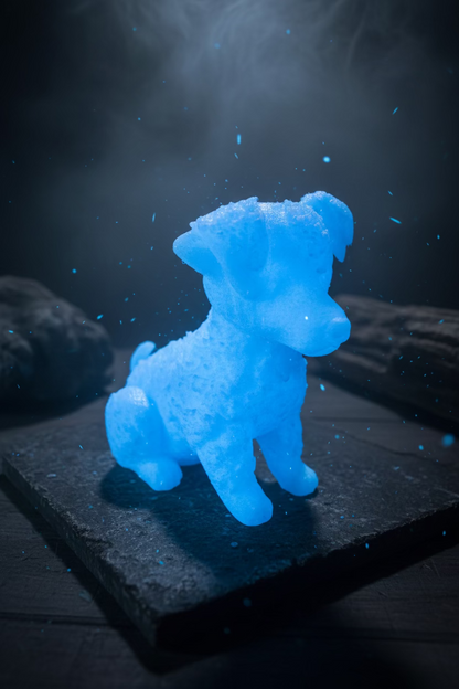 Jack-Russell-Ornament in Blau, sitzender Hund mit aufgestellten Ohren und Relief-Fell
