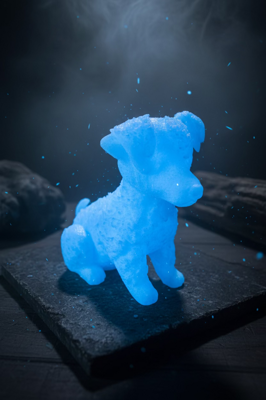 Jack-Russell-Ornament in Blau, sitzender Hund mit aufgestellten Ohren und Relief-Fell
