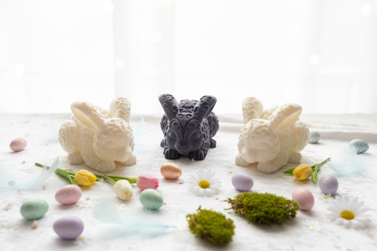 Mehrere Hasen-Ornamente und Deko-Eier auf hellem Untergrund, kleine Figuren-Set